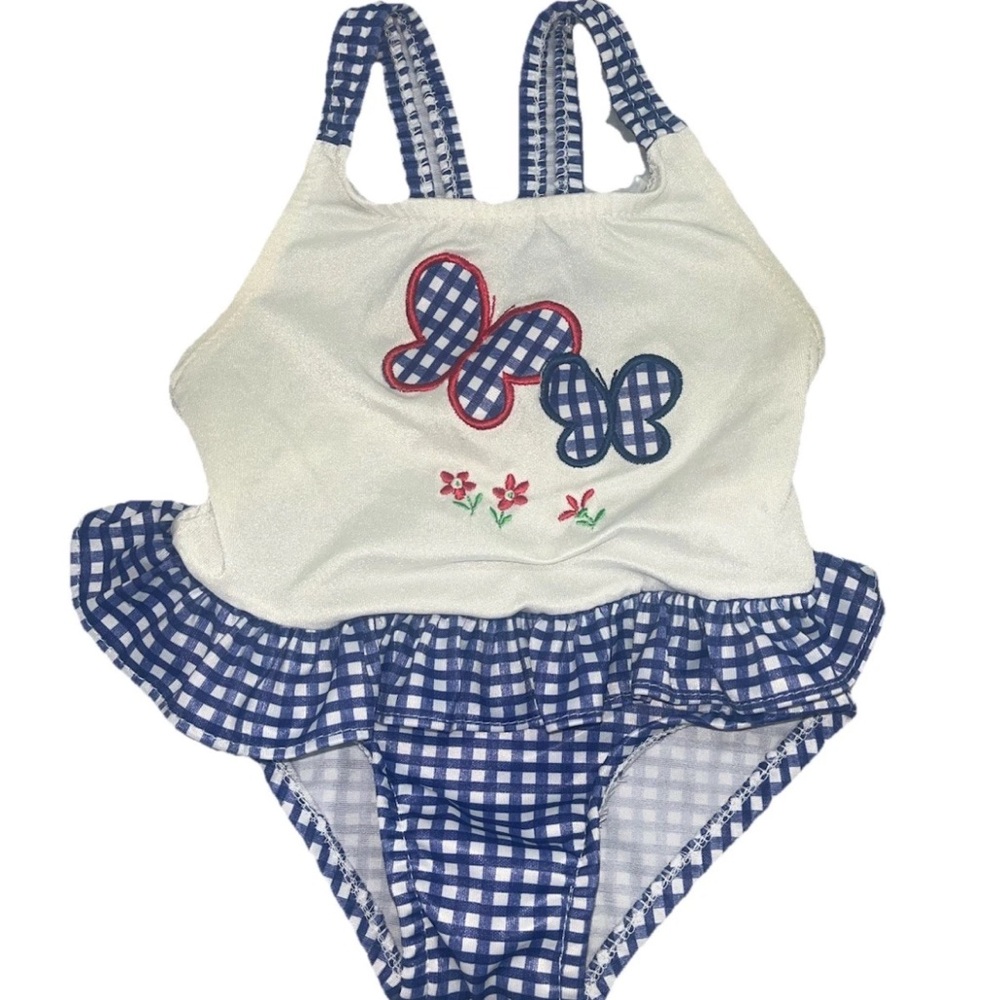 Vintage 90s One Piece Bathing Suit Swimsuit Gingham Butterflies 12 Months